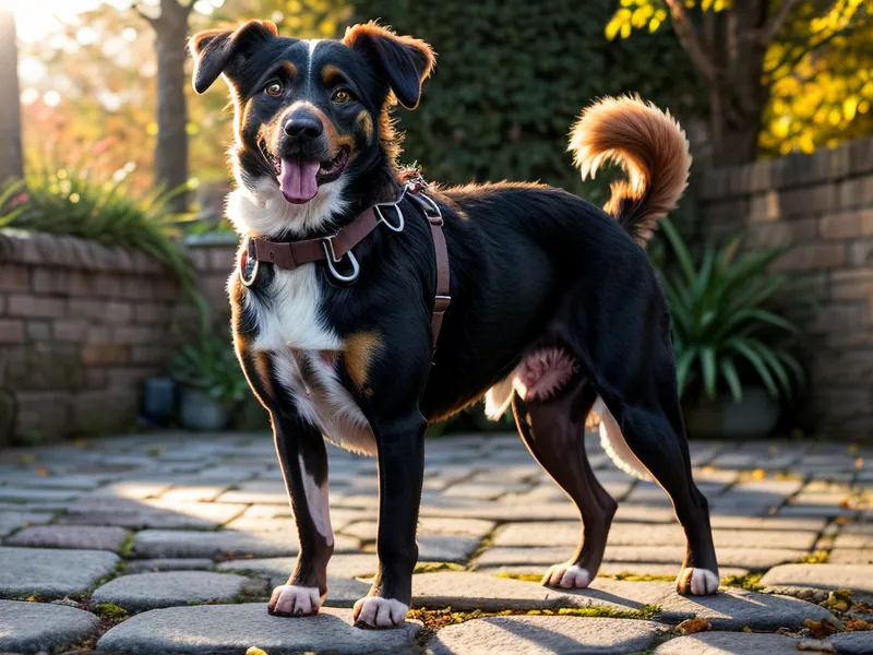 Hund trägt ein Sicherheitsgeschirr mit zweitem Bauchgurt gegen Ausbrechen beim Spaziergang.
