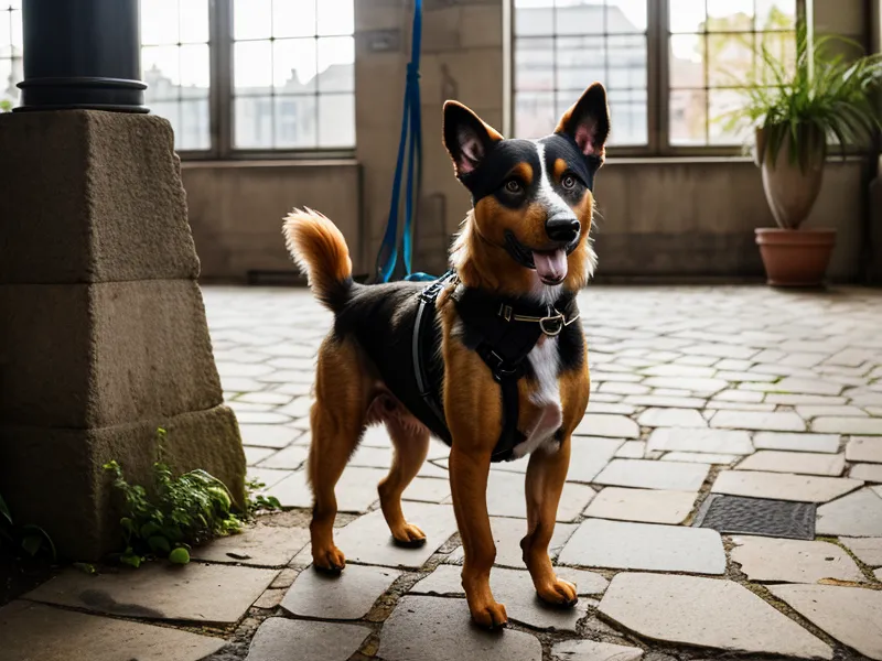 Tierschutzhund Luna entspannt auf dem Gehweg im Kiez, Kaffeebecher daneben nach dem Entspannungstraining
