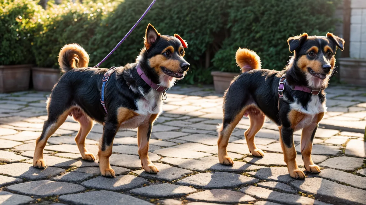 Fremde Hunde abwehren und blocken: reaktive Rettungshündin an kurzer Leine schaut aufmerksam zur Besitzerin
