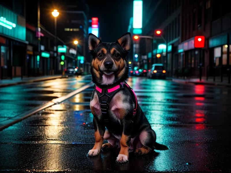 Aufmerksamer Tierschutzhund sitzt bei Regen auf einem Gehweg in Kreuzberg