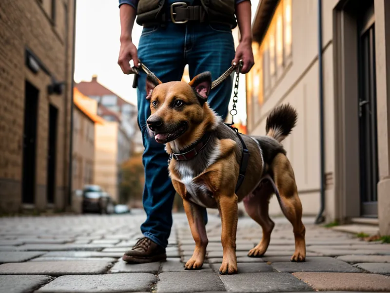 Tierschutzhund Luna trägt ihr Führgeschirr beim Spaziergang im Kreuzberger Hundealltag