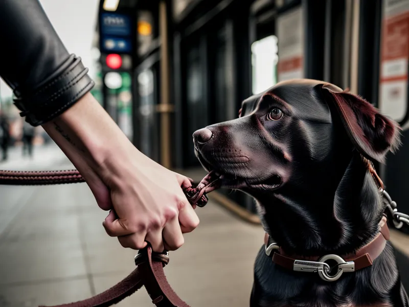 Angespannte Leine eines reaktiven Tierschutzhundes in der Berliner U-Bahn während der Rush Hour