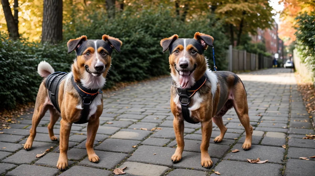 Reaktiver Tierschutzhund blickt beim Spaziergang in Kreuzberg zur Halterin auf – Leinenführigkeit für reaktive Hunde in der Stadt