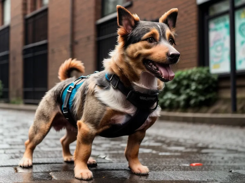 Blick aus Hundeperspektive auf eine Straßenecke im Kiez während des Leinentrainings