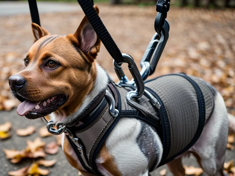 Sicherheit im Alltag: Hundegeschirr mit eingehakter Führleine im urbanen Umfeld, wichtig bei reaktiven Hunden.