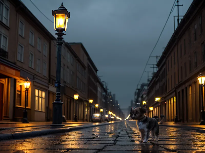 Reaktiver Hund schnüffelt an einer Straßenlaterne in Berlin-Kreuzberg in der Dämmerung – kurze Ablenkungspause beim Gassi-Training