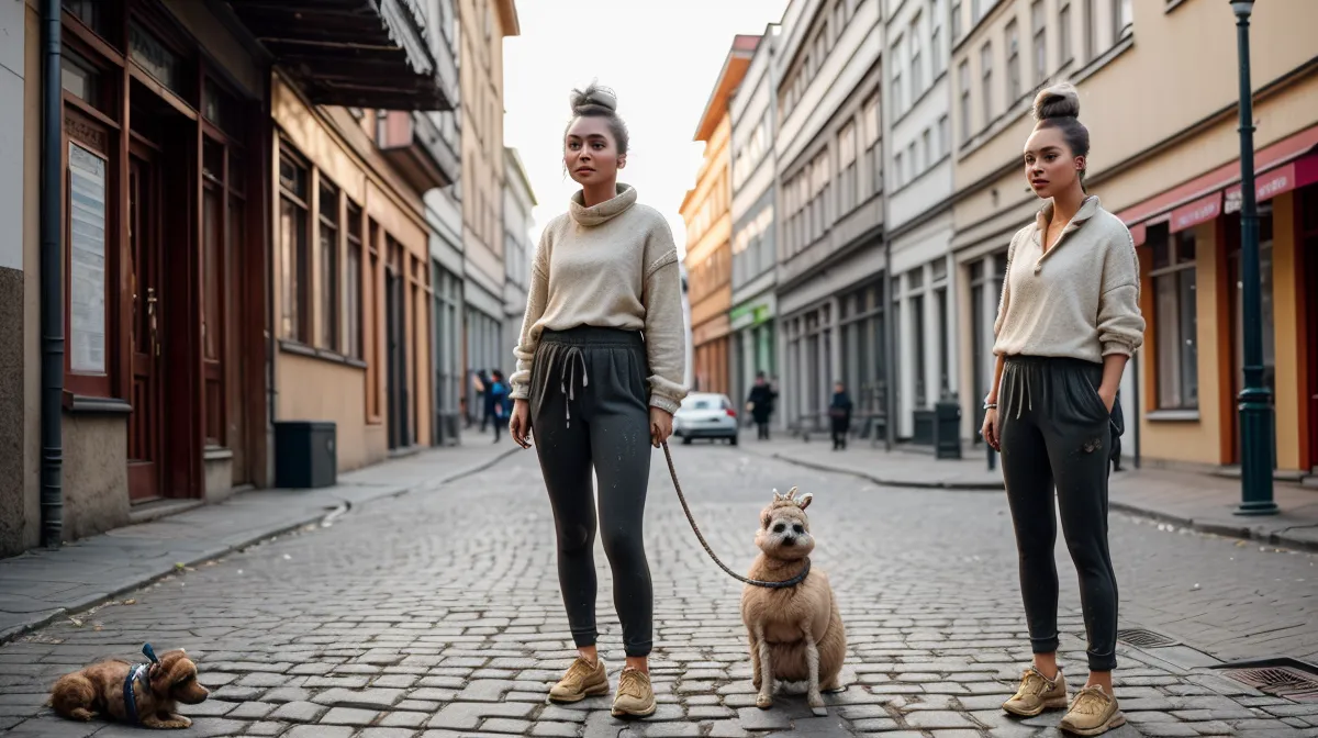 Reaktiver Hund an gespannter Leine bei einem Spaziergang in Berlin-Kreuzberg – Szene zu Leinenaggression und Hundehalter-Scham