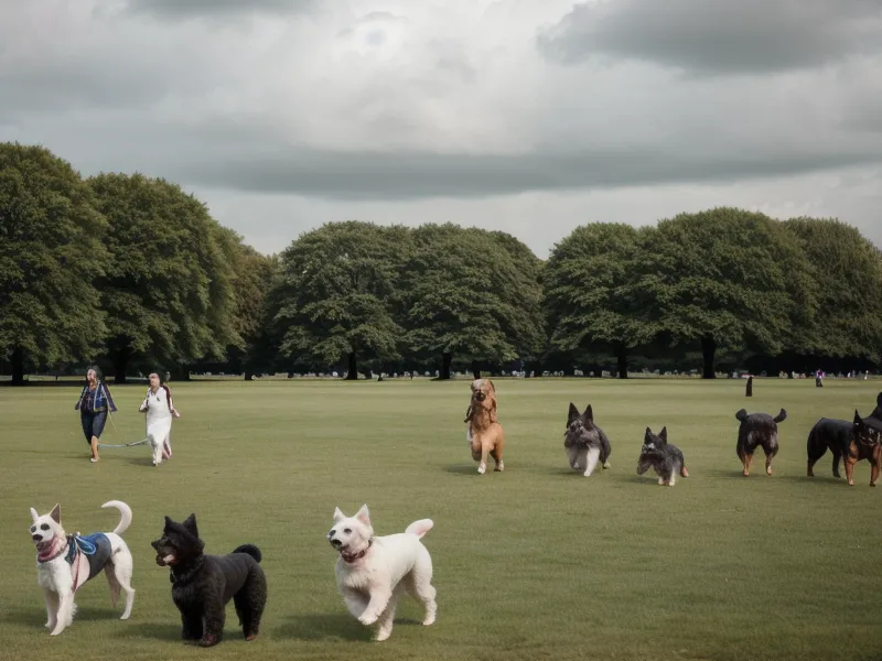 Social Walk für reaktive Hunde: geführte Gruppe hält großen Sicherheitsabstand im Park
