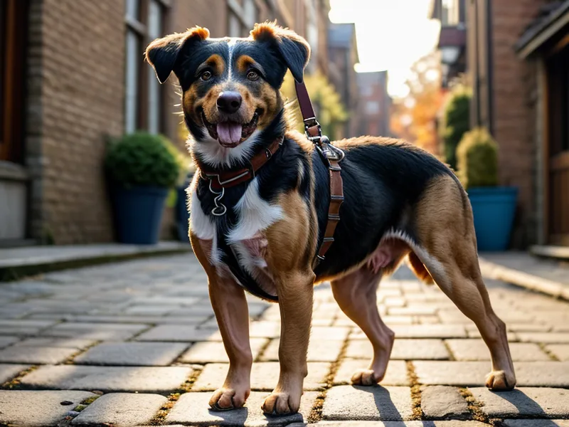 Entspannte Hündin im Fahrstuhl nach ruhig gemeisterter Begegnung im Berliner Hundealltag