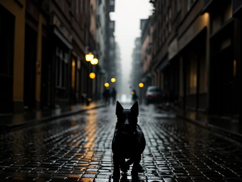 Verschwommene Sicht auf einen entgegenkommenden Hund bei einer Hundebegegnung auf einer regnerischen Straße in Berlin.
